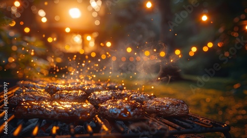 Barbecue meat sizzling on a grill with glowing embers and warm string lights in the background, creating a cozy and inviting atmosphere for an outdoor evening gathering.