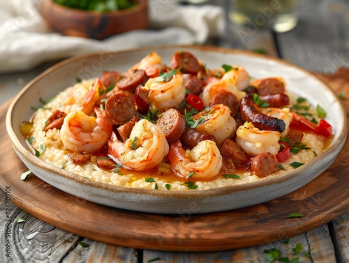 A plate of shrimp and sausage with a side of grits. The dish is served on a wooden table photo