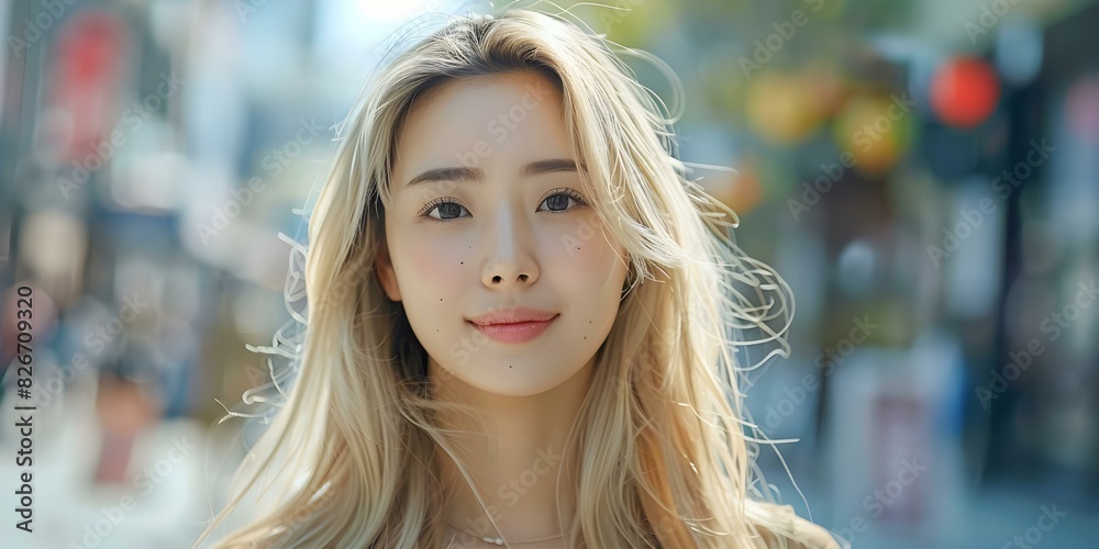 Nice Asian girl blonde on city background centered copy space selective focus. Concept Asian Girl, City Background, Blonde Hair, Copy Space, Selective Focus Nice Asian girl blonde on city background centered copy space selective focus. Concept Asian Girl, City Background, Blonde Hair, Copy Space, Selective Focus