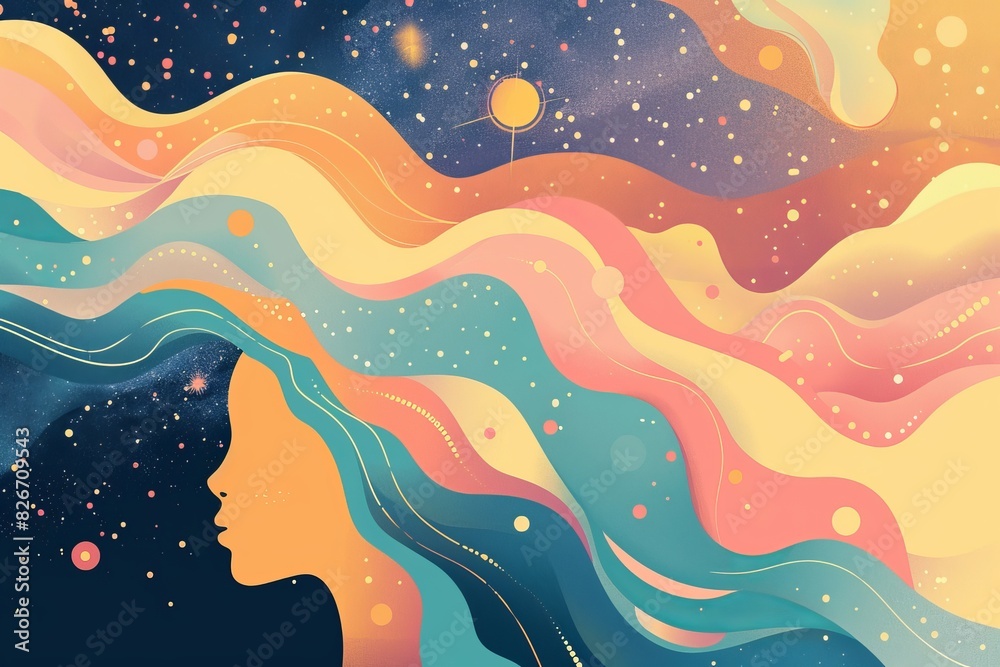 Cartoon drawing in flat design symbolizing hope in cancer, top view, futuristic theme, pastel colors close up, pathway to recovery, dynamic, Fusion, starry sky backdrop