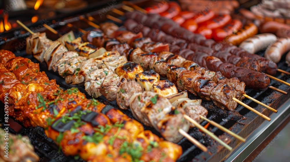 A delicious assortment of barbecue foods including shish kebab, sausages, and grilled meat fillets at a festive BBQ party. A delicious assortment of barbecue foods including shish kebab, sausages, and grilled meat fillets at a festive BBQ party.