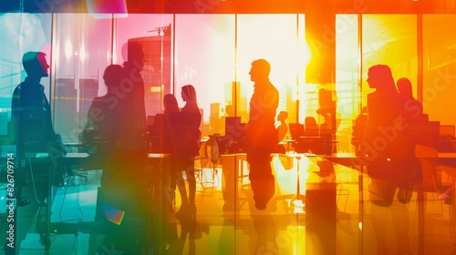 Business professionals, team effort, office setting, focus on, bright colors, double exposure silhouette with office dynamics photo