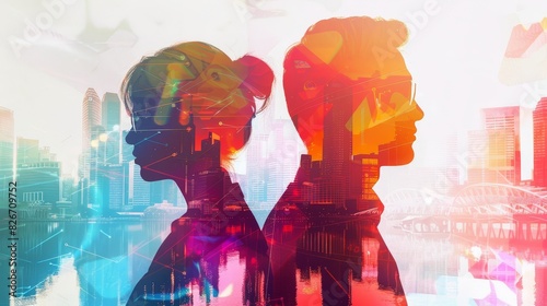 Business team, cooperation, modern city, focus on, bright hues, double exposure silhouette with urban skyline photo