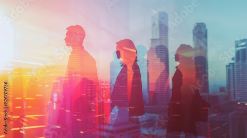 Business team, cooperation, modern city, focus on, bright hues, double exposure silhouette with urban skyline photo