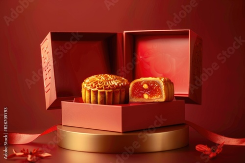 red background. Mooncake. Beautiful rich packaging. Chinese gift. Mid-Autumn Full Moon Festival. photo