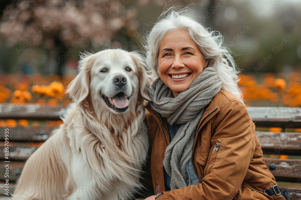 A happy senior woman enjoys leisurely moments with her dog outdoors, embracing nature's beauty A happy senior woman enjoys leisurely moments with her dog outdoors, embracing nature's beauty