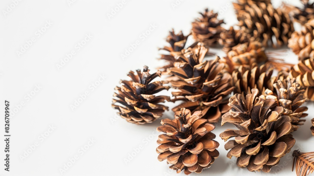 Composition of pinecones on white background with space for text Horizontal banner layout Composition of pinecones on white background with space for text Horizontal banner layout