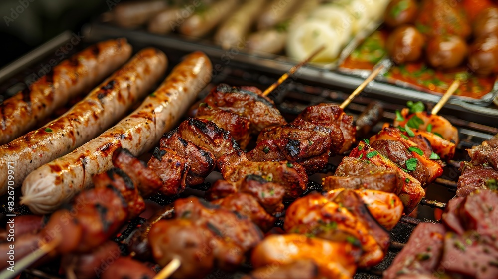 A delicious assortment of barbecue foods including shish kebab, sausages, and grilled meat fillets at a festive BBQ party. A delicious assortment of barbecue foods including shish kebab, sausages, and grilled meat fillets at a festive BBQ party.