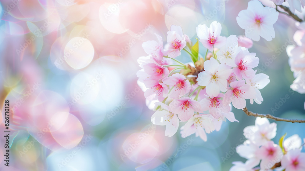 Blooming cherry branch with bokeh in the background in pink tone. Place for text. Spring time