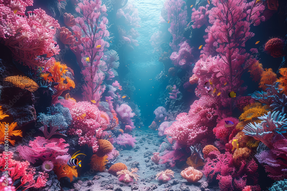 Naklejka premium A vibrant underwater coral garden alive with a kaleidoscope of tropical fish and marine creatures. Concept of underwater exploration and marine biodiversity. Generative Ai.
