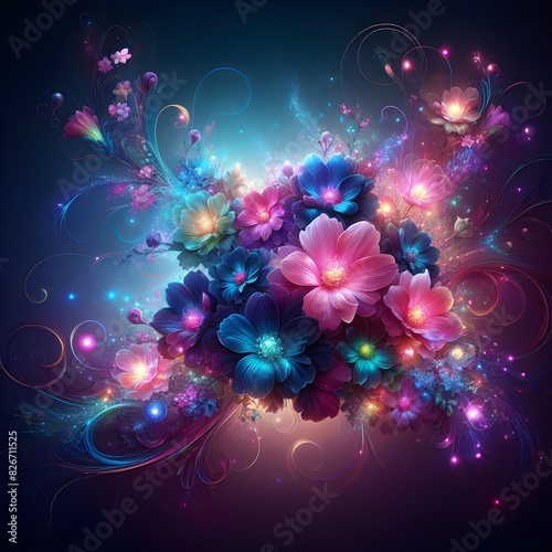 abstract background with flowers  Colorful and futuristic flowers emitting neon lights.