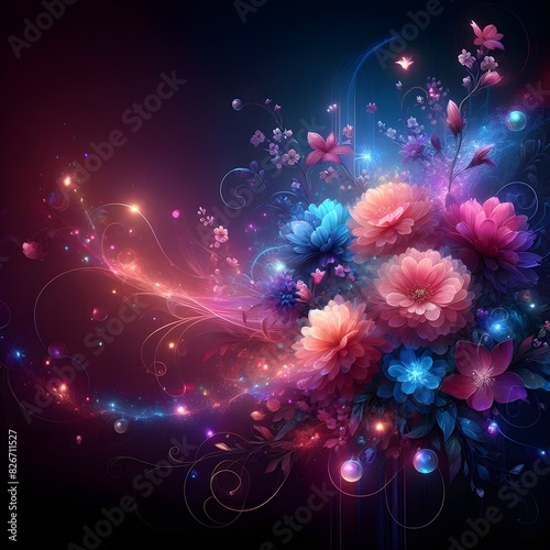 abstract background   Neon banner Fantasy cosmic flowers on dark background