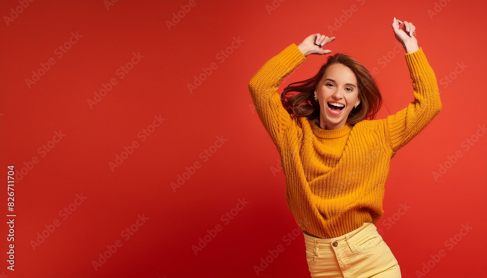 Pure joy in every leap of a person on red background Pure joy in every leap of a person on red background