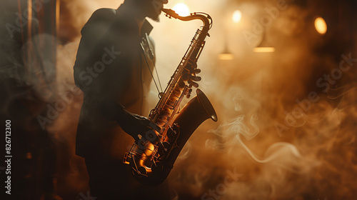 Ethereal Jazz: Silhouette of a Saxophonist in a Smoky Lounge photo