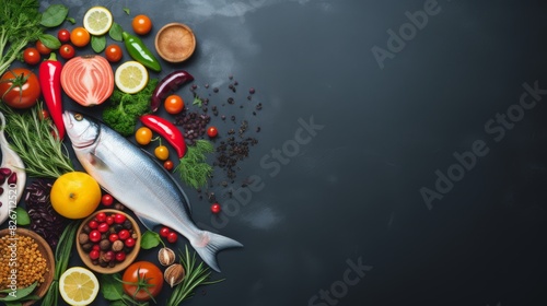 Fresh Seafood And Assorted Vegetables For Healthy Cooking On Dark Background. Generative AI