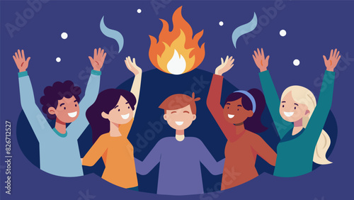 A circle of teens with closed eyes hands raised singing in unison around the flickering flames of a campfire.. Vector illustration