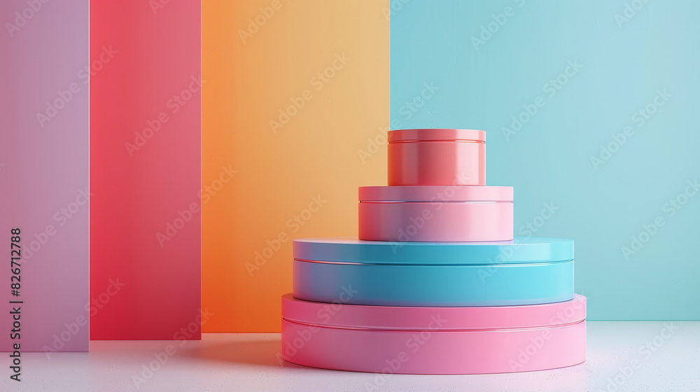 A colorful stack of boxes with a pink one on top A colorful stack of boxes with a pink one on top
