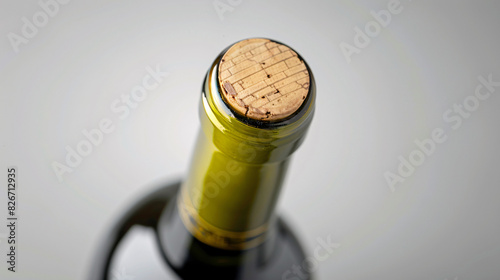 Wine bottle cork close up. Close up of a cork in a wine bottle, against a light gray background.