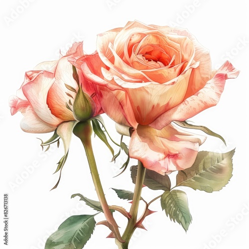 Ultra realistic watercolor style illustration of roses, high detailed, close up, isolated on white