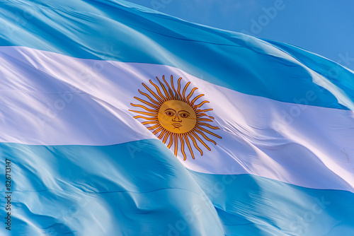 closeup photo of the Argentine flag, blue and white, with the yellow sun in the center, waving.