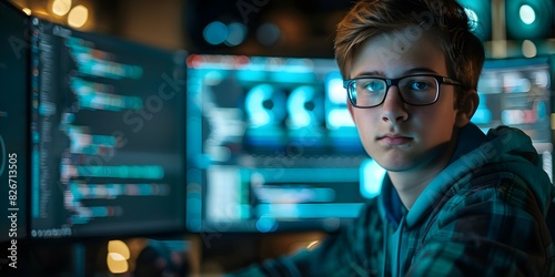 Young fox impresses with coding skills on multi-monitor setup, blending youth and technology. Concept Fox, Coding, Multitasking, Technology, Youth