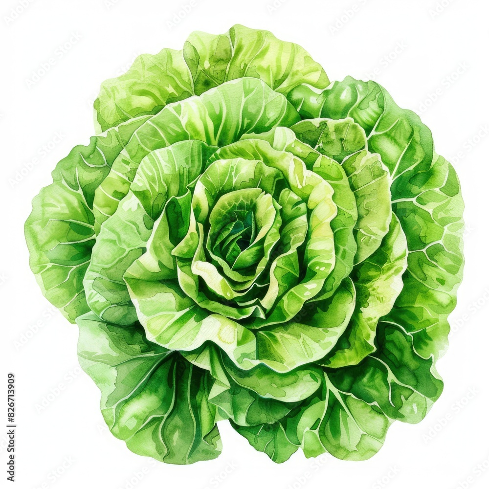Obraz premium Ultra realistic watercolor style illustration of beautiful fresh tasty lettuce, high detailed, close up, isolated on white