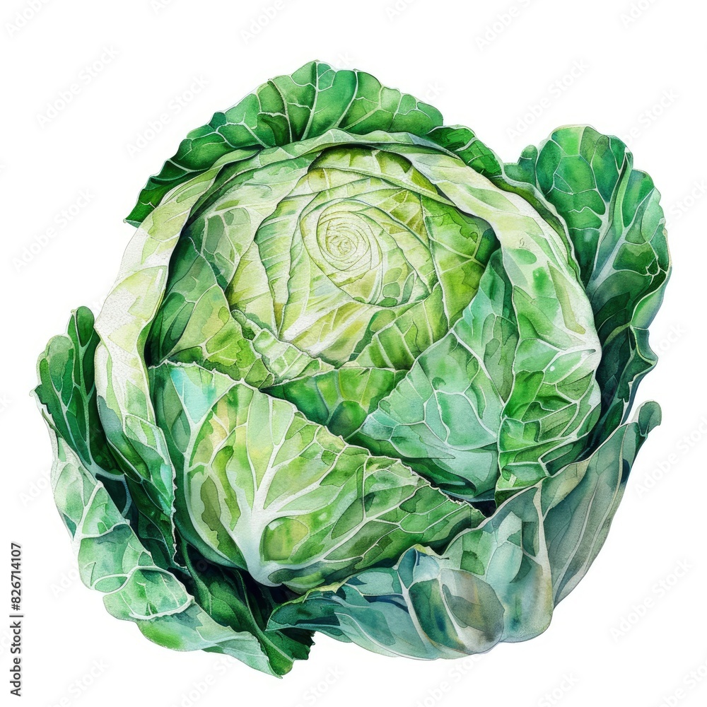 Obraz premium Ultra realistic watercolor style illustration of beautiful fresh tasty cabbage, high detailed, close up, isolated on white