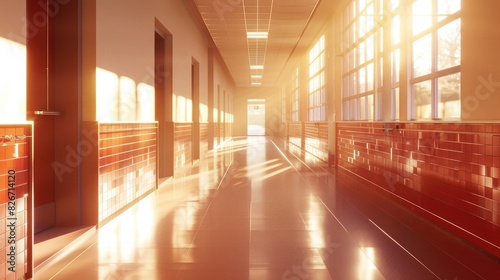Morning sunlight illuminating an empty school corridor in a D rendering. Concept Architecture  Interior Design  Virtual Reality  Lighting Effects  Educational Environment
