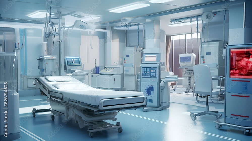 A photo of a cardiovascular care unit in a hospital. A photo of a cardiovascular care unit in a hospital.