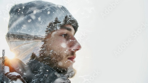 double exposure Portrait of a young man winter vacation on white background