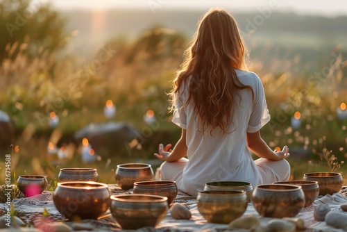 Meditation, Tibetan singing bowls and incense. Woman on the seashore relaxes meditating, mental health, Buddhism