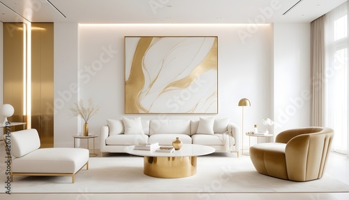 white and gold theme interior modern minimalism photo realism