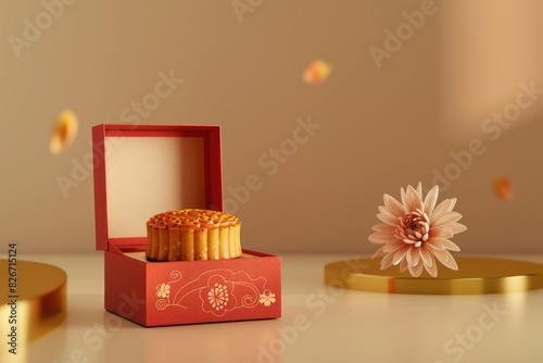 red background. Mooncake. Beautiful rich packaging. Chinese gift. Mid-Autumn Full Moon Festival. photo