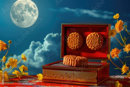 full moon. postcard . Mooncake. Beautiful rich packaging. Chinese gift. Mid-Autumn Full Moon Festival. photo