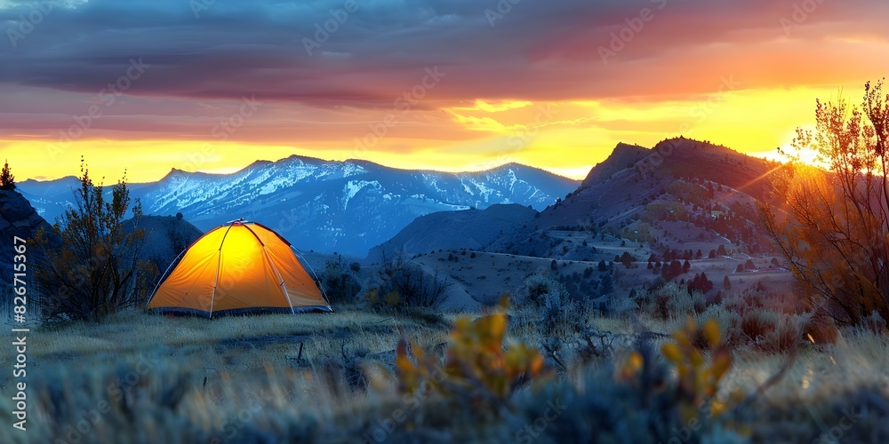 Tranquil Camping Scene with Mountains and Sunset Glow. Concept Camping, Mountains, Sunset, Tranquil Scene