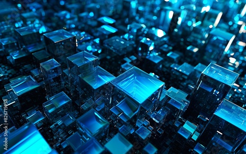 Glowing blue neon squares a...