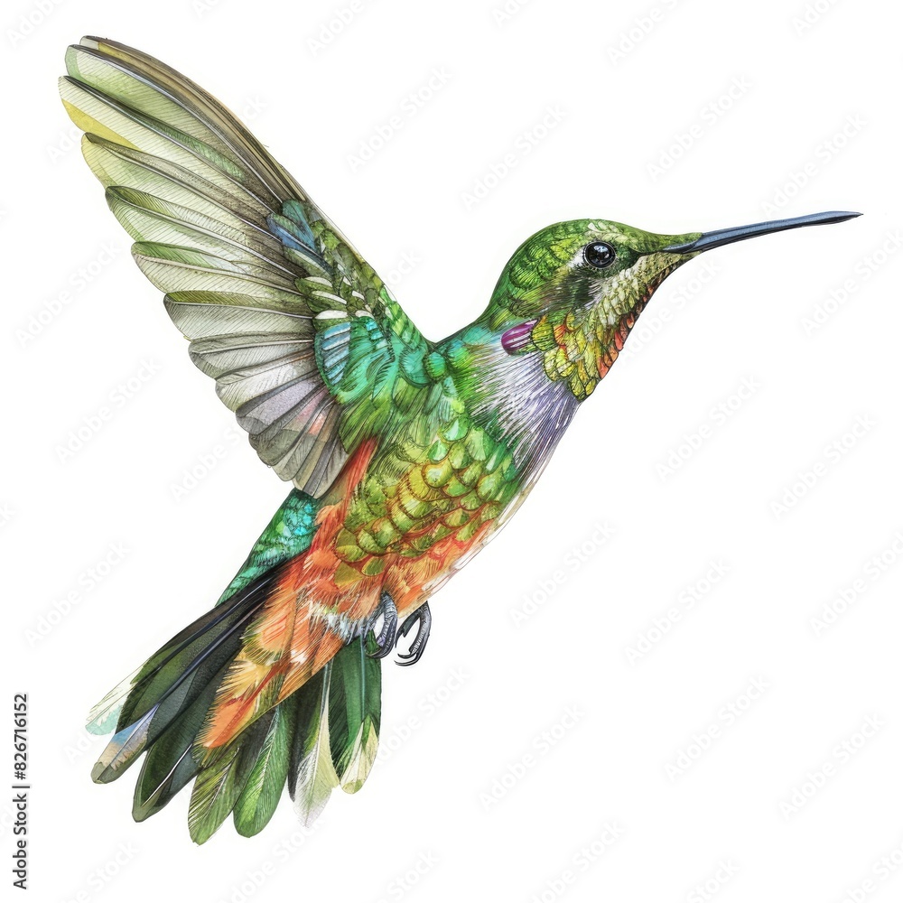 Fototapeta premium Ultra realistic watercolor style illustration of hummingbird, high detailed, close up, isolated on white