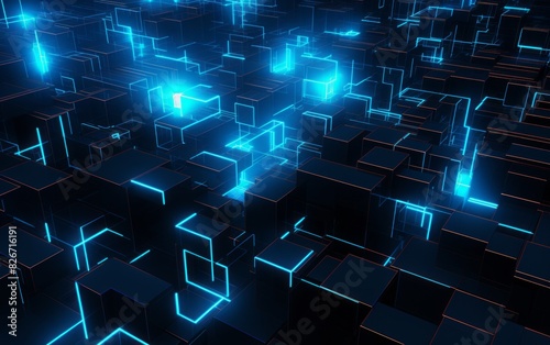 Glowing blue neon squares a...