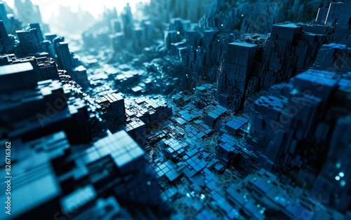 Glowing blue neon squares a...