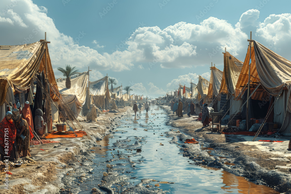 Humanitarian crisis captured in images of refugee camps and displaced populations. Concept of displacement and vulnerability. Generative Ai. Humanitarian crisis captured in images of refugee camps and displaced populations. Concept of displacement and vulnerability. Generative Ai.