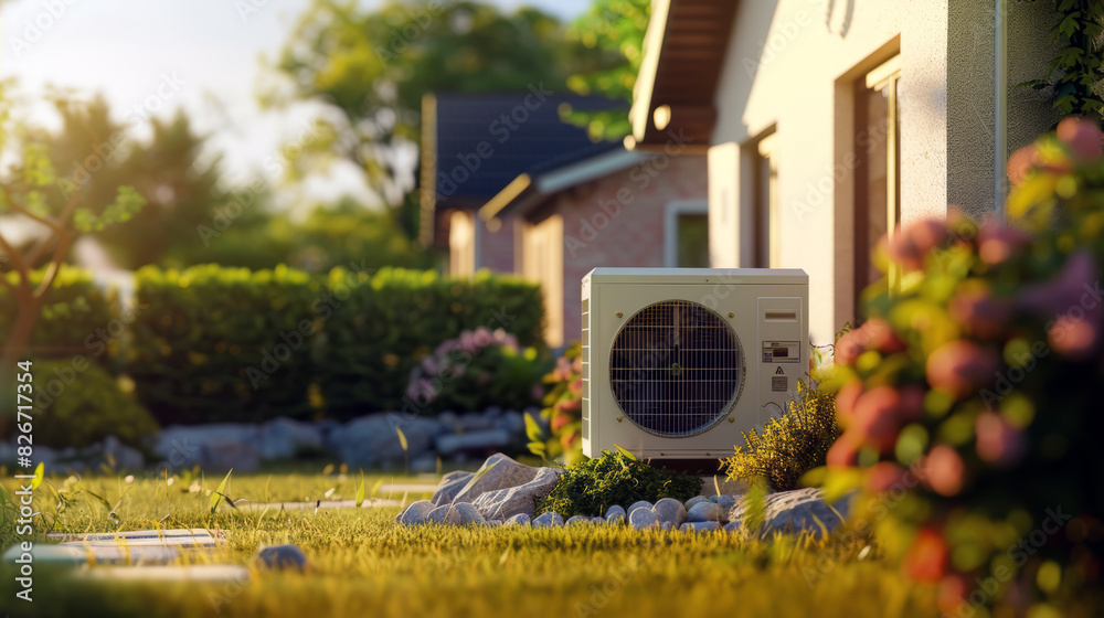 AC concept image with an air conditioning unit next to a house model. AC concept image with an air conditioning unit next to a house model.