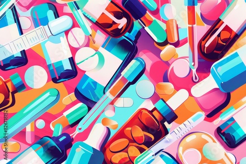 Cartoon drawing of an assortment of liquid medications and droppers, top view in flat design, pharmaceutical theme, vivid colors focus on photo