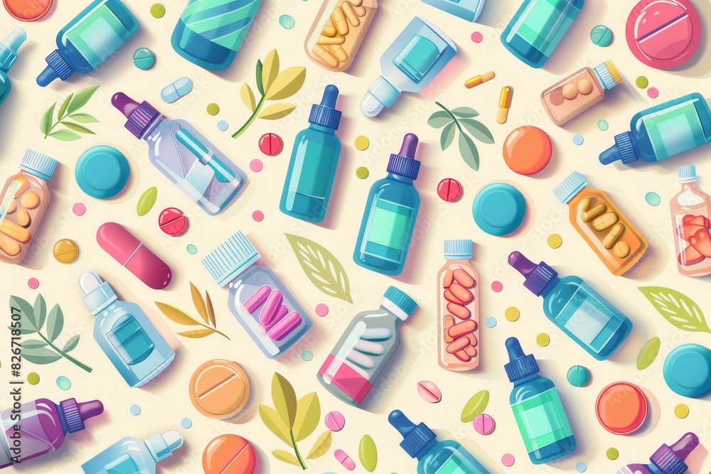 Cartoon drawing of a range of liquid medications and droppers, top view in flat design, pharmaceutical theme, vividly colored close up, medicinal care, vibrant, Fusion, doctors office backdrop Cartoon drawing of a range of liquid medications and droppers, top view in flat design, pharmaceutical theme, vividly colored close up, medicinal care, vibrant, Fusion, doctors office backdrop