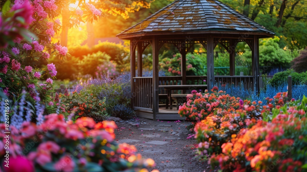 A beautiful garden with a gazebo and a bench A beautiful garden with a gazebo and a bench