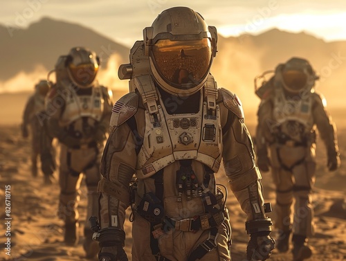 A group of astronauts are walking through a desert. The scene is set in a future where space exploration is a common occurrence. The astronauts are wearing space suits and appear to be on a mission photo