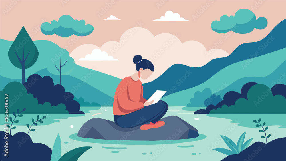 A peaceful haven in the midst of nature with a person sitting crosslegged on a boulder by a babbling brook lost in reflective writing.. Vector illustration