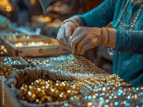 A woman is working on a pile of gold and silver beads. She is wearing a blue shirt and has a gold bracelet on her wrist
