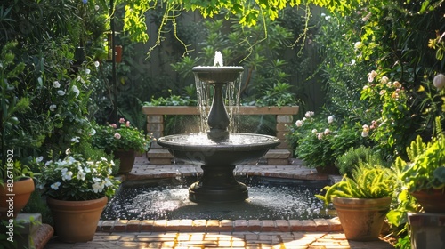 A small fountain with a bench in front of it photo