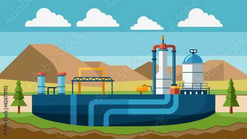 An underground natural gas storage facility where vast reserves of compressed gas are stored before being used to generate electricity.. Vector illustration