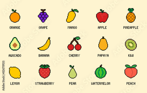 pixel style fruit collection vector